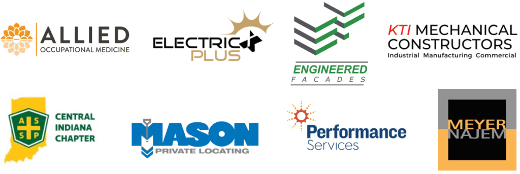 Logos of Allied Occupational Medicine, Electric Plus, Engineered Facades, KTI Mechanical Constructors; Central Indiana Chapter ASSP, Mason Private Locating, Performance Services, and Meyer Najem.